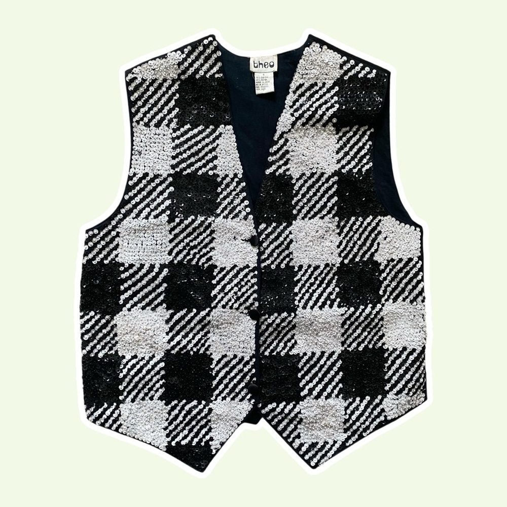 VTG ~ 1990s ~ theo ~ Black and White Gingham Sequin Vest ~ Party ~ Size S